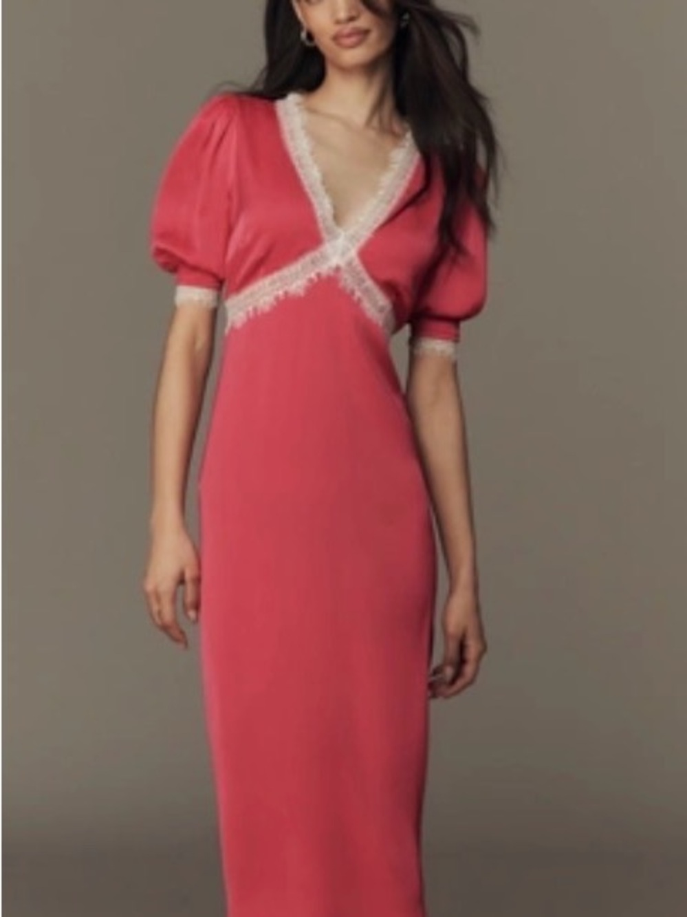 Anthropologie Coral Pink Lace-Trim Puff Sleeve Midi Dress